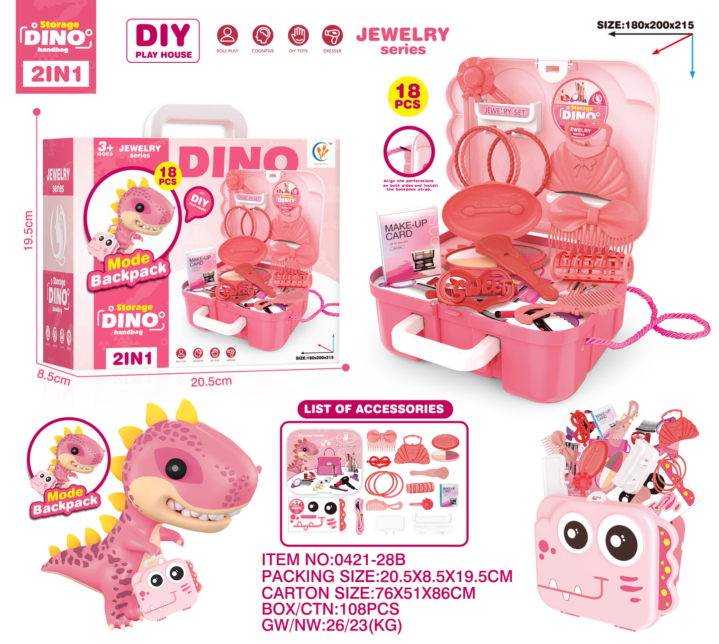 Dino Beauty Set 2 in 1 Hnad Bag - 18 PCS