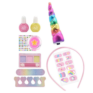 Close-up of unicorn makeup set brushes and cosmetic tools