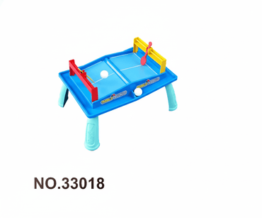 Close-up of kids ping pong table game showing paddles and balls