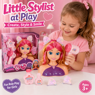 Doll Head Hair Styling Set with Working Hairdryer – Pretend Play Toy for Girls