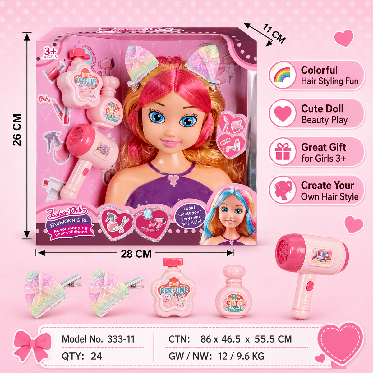 Doll Head Hair Styling Set with Working Hairdryer – Pretend Play Toy for Girls