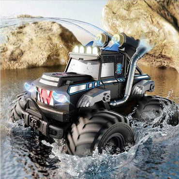 Close-up of amphibious RC monster truck water gun nozzle and body