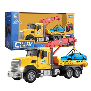 Close-up of RC crane truck showing movable crane arm