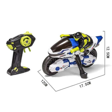 Close-up of RC drift motorcycle showing design and wheels