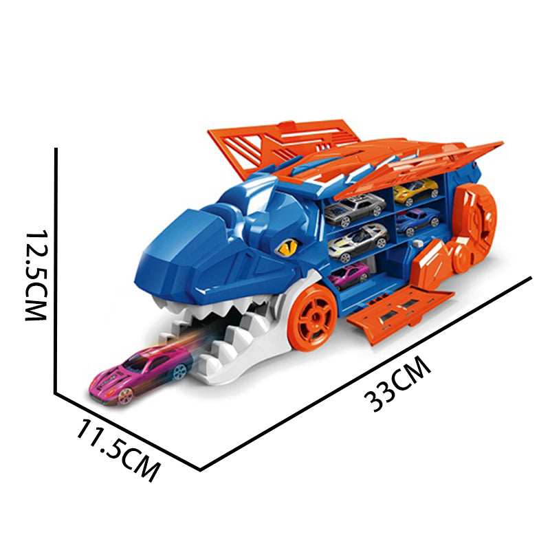 Close-up of dinosaur transport truck and metal toy cars