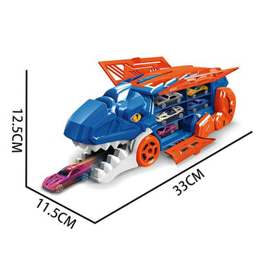 Close-up of dinosaur transport truck and metal toy cars