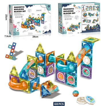 Child building a 3D structure with magnetic building blocks