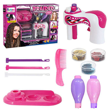 Close-up of electric hair braiding machine showing braiding mechanism