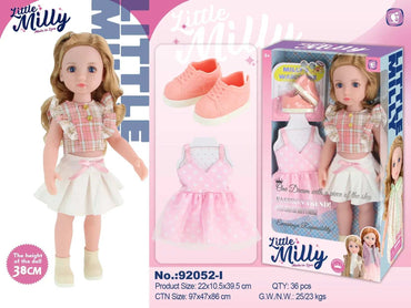 Close-up of 15-inch vinyl doll face and pink clothing detail