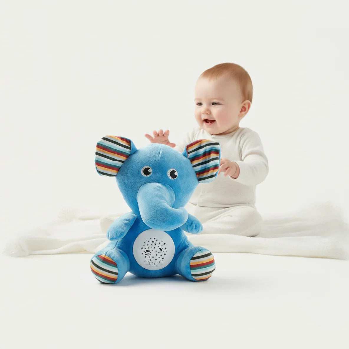 Musical elephant plush toy with night light projector for babies
