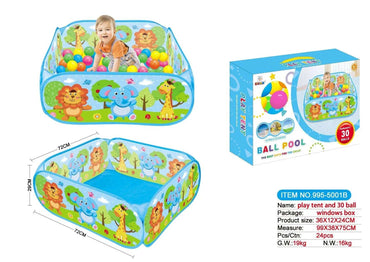 Inside view of kids ball pit tent showing 30 colourful balls