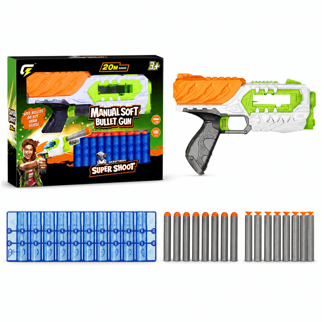 Manual Soft Bullet Toy Blaster Gun Set with Foam Darts, Target Blocks, and product details for kids in Kuwait