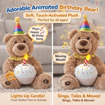 Close-up of party shake bear plush face and birthday accessories