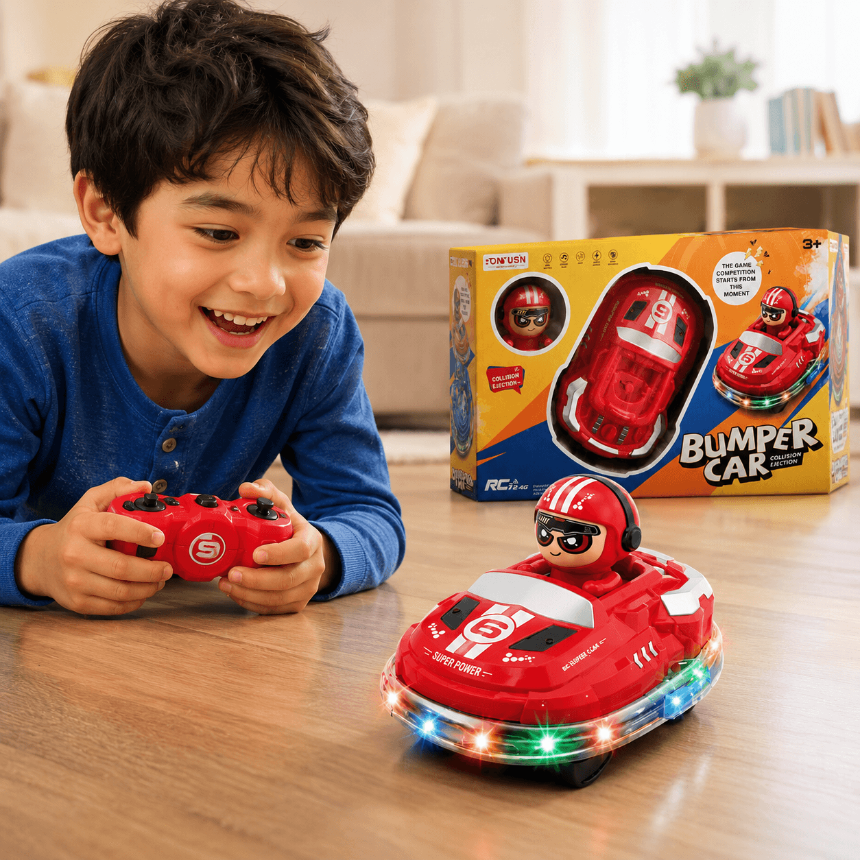 Red RC bumper car showing lights and music features from above