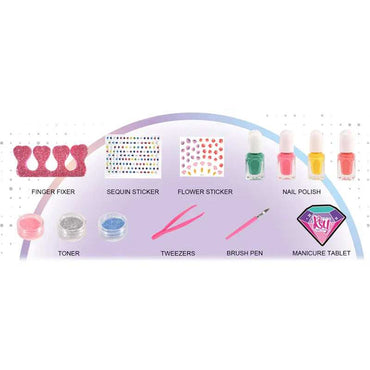 Close-up of electric nail art kit accessories and decorative stickers