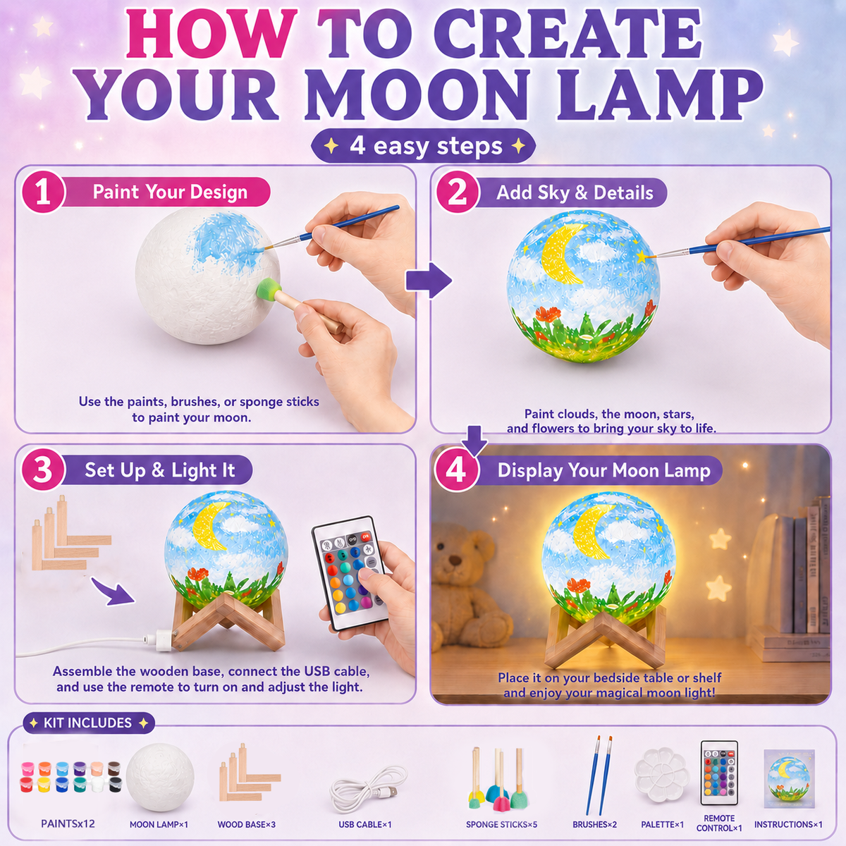 Paint Your Own Moon Lamp Kit – USB Rechargeable DIY Craft Toy for Kids