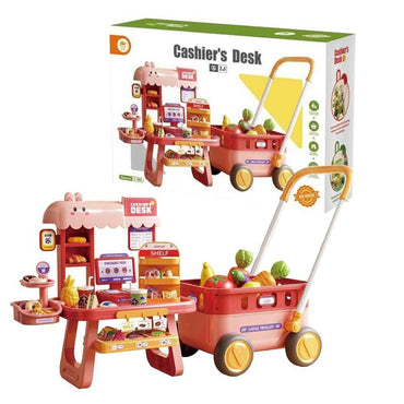 Kids shopping cart play set showing cash register and trolley
