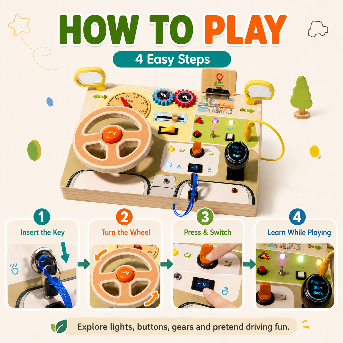 Montessori Wooden Busy Board with Light Switch – Sensory Toy for Toddlers