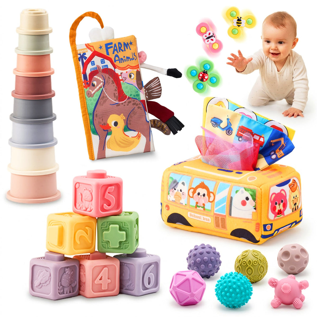 Infant playing with sensory gift set toys