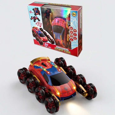 Close-up of RC stunt car showing lights and spray feature