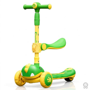 Close-up of green 3-wheel kids scooter showing adjustable handlebar