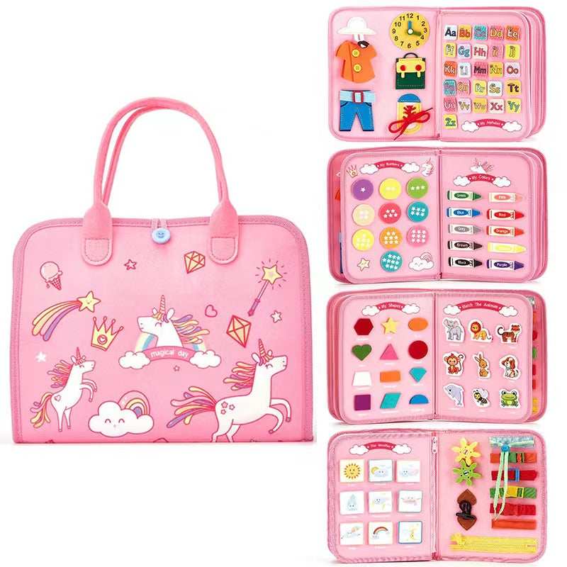 صورة لعبة تعليمية مجموعة حقيبة للأطفال وردي Busy لوح Learning Toy مجموعة Preschool أنشطة حقيبة مع بازل لوح للرضع والأطفال الصغار
