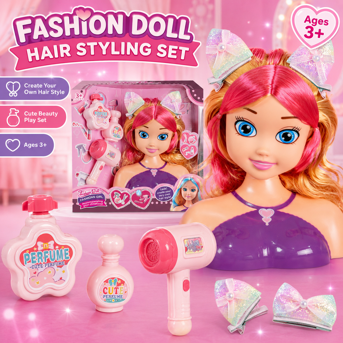 Doll Head Hair Styling Set with Working Hairdryer – Pretend Play Toy for Girls