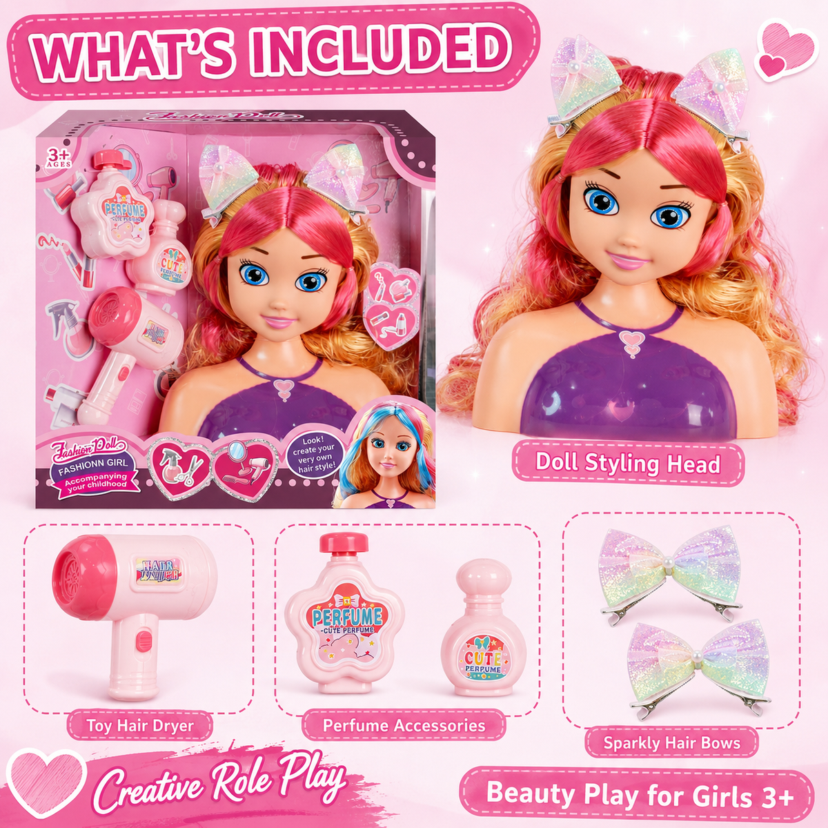Doll Head Hair Styling Set with Working Hairdryer – Pretend Play Toy for Girls