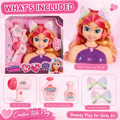 Doll Head Hair Styling Set with Working Hairdryer – Pretend Play Toy for Girls