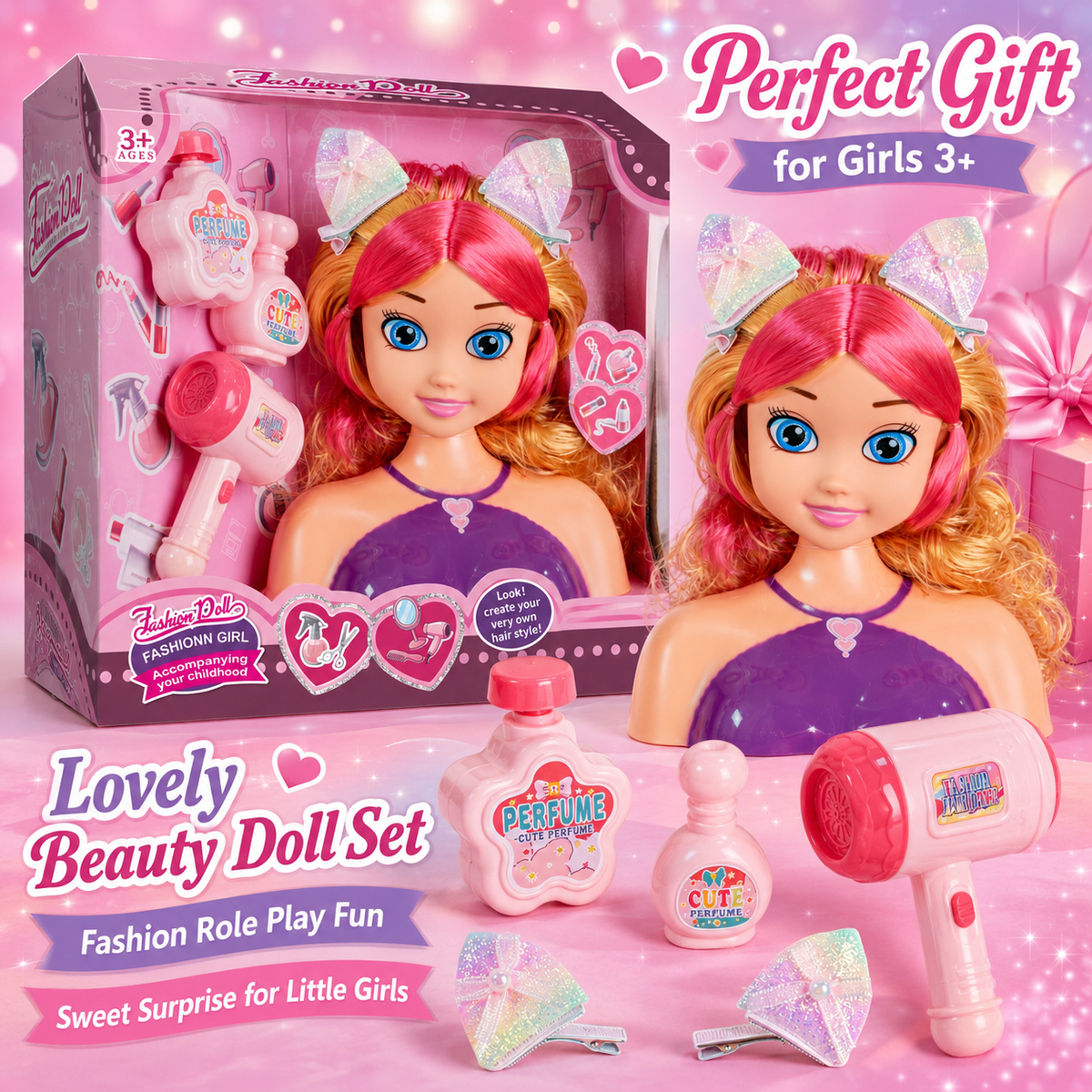 Doll Head Hair Styling Set with Working Hairdryer – Pretend Play Toy for Girls