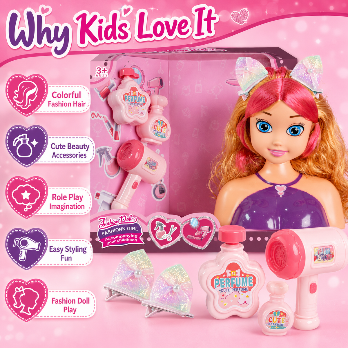 Doll Head Hair Styling Set with Working Hairdryer – Pretend Play Toy for Girls