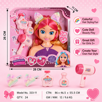 Doll Head Hair Styling Set with Working Hairdryer – Pretend Play Toy for Girls