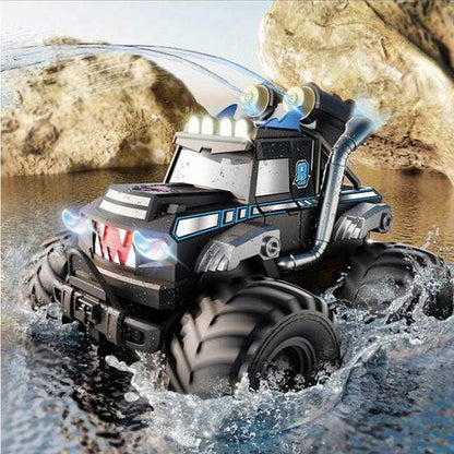 Close-up of amphibious RC monster truck water gun nozzle and body