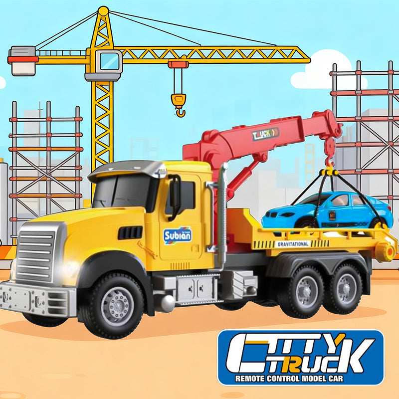 Child playing with RC crane construction truck
