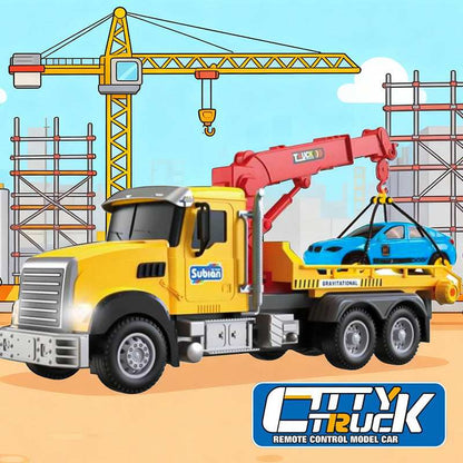 Child playing with RC crane construction truck