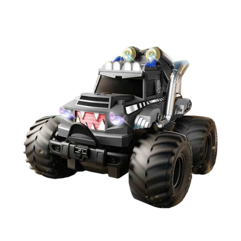 RC monster truck driving on wet terrain with water gun active