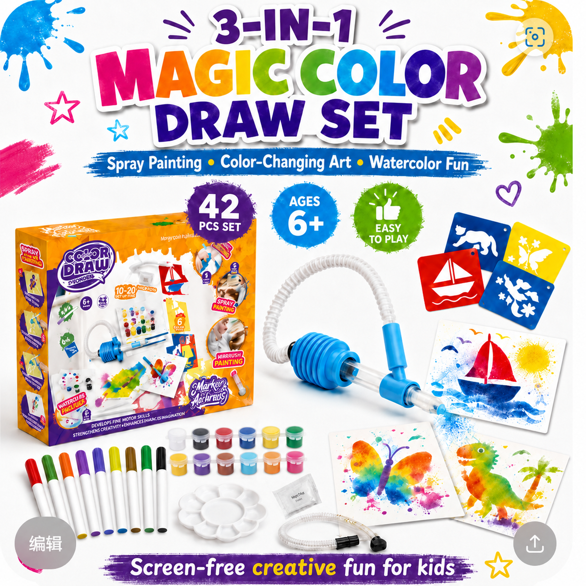 Airbrush Art Craft Kit for Kids – Blow Painting Toy Set