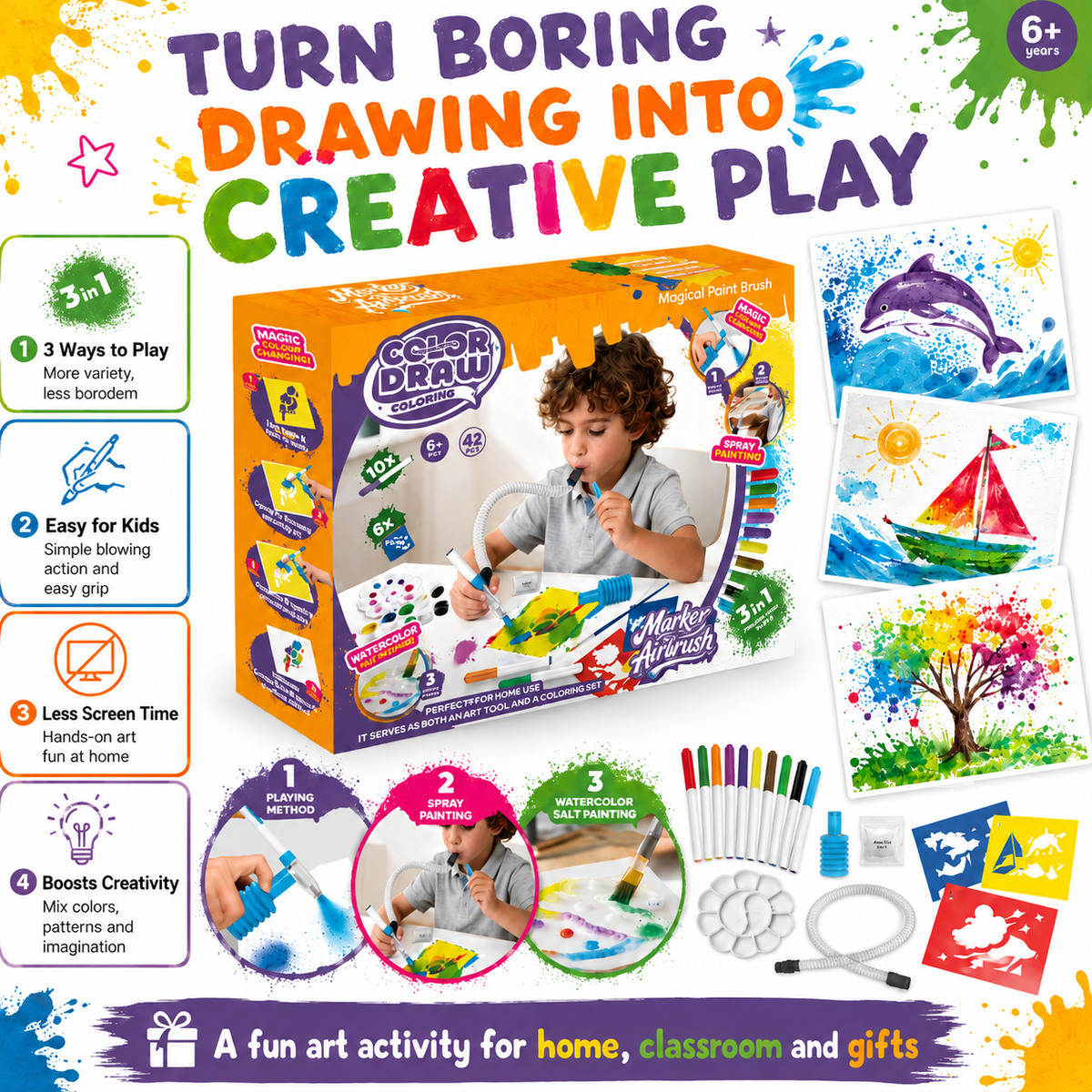 Airbrush Art Craft Kit for Kids – Blow Painting Toy Set