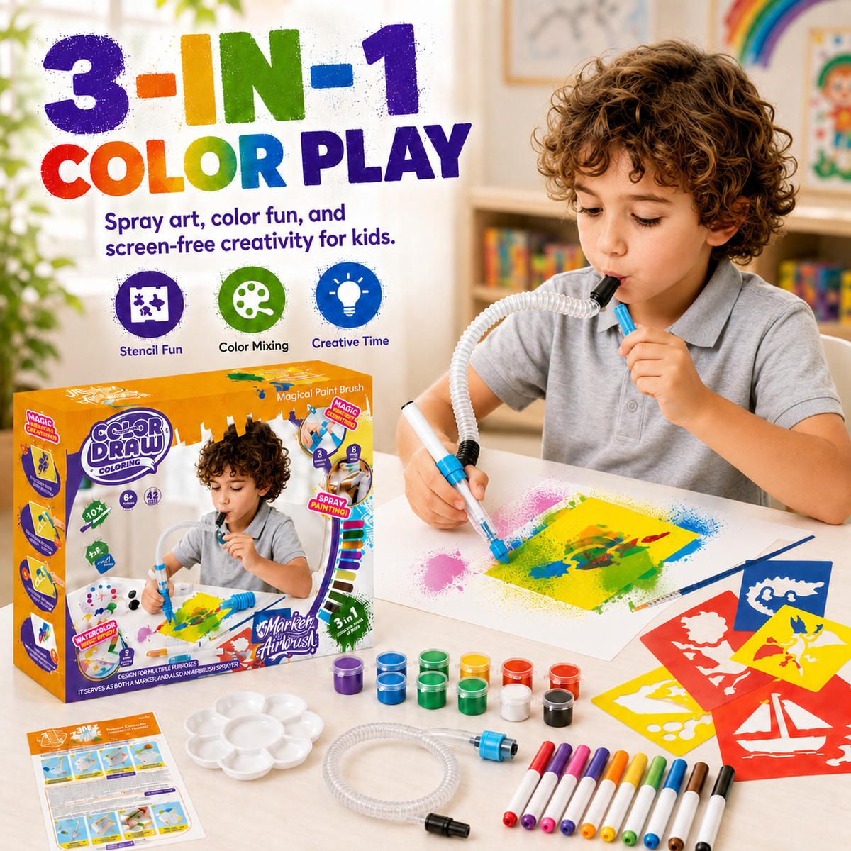 Airbrush Art Craft Kit for Kids – Blow Painting Toy Set