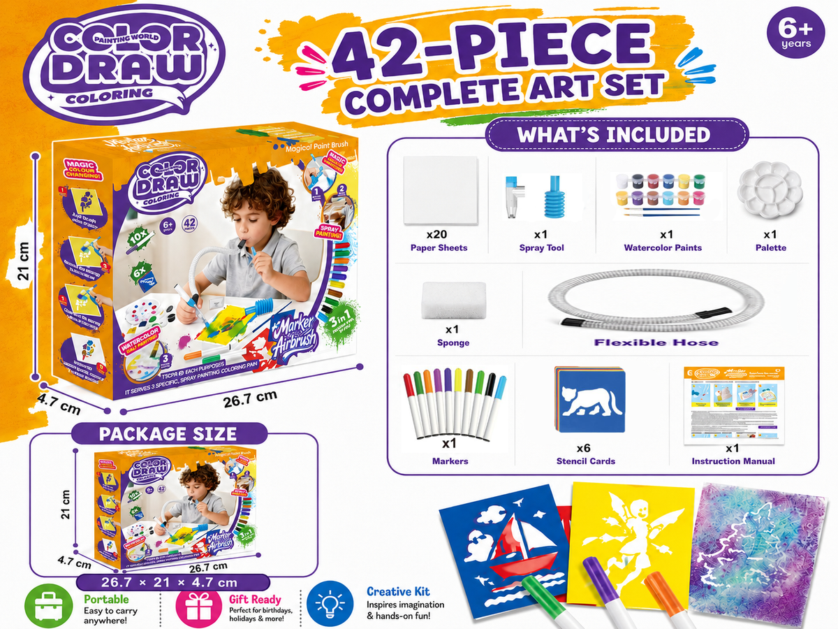 Airbrush Art Craft Kit for Kids – Blow Painting Toy Set