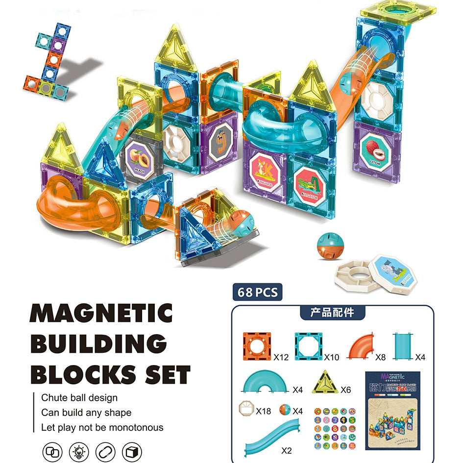Magnetic building blocks set contents showing shapes and ball