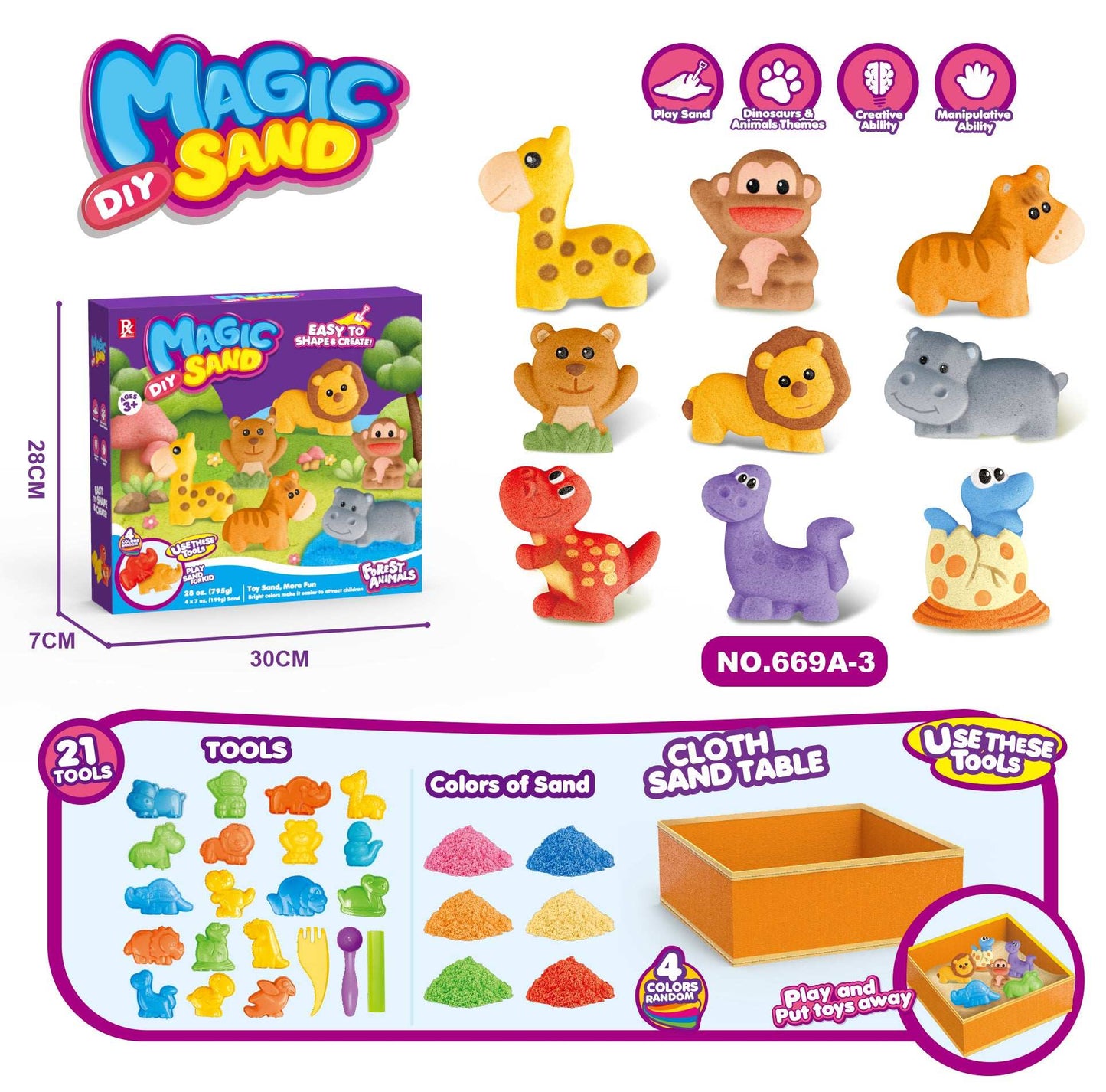 Close-up of colourful kinetic sand and animal molds