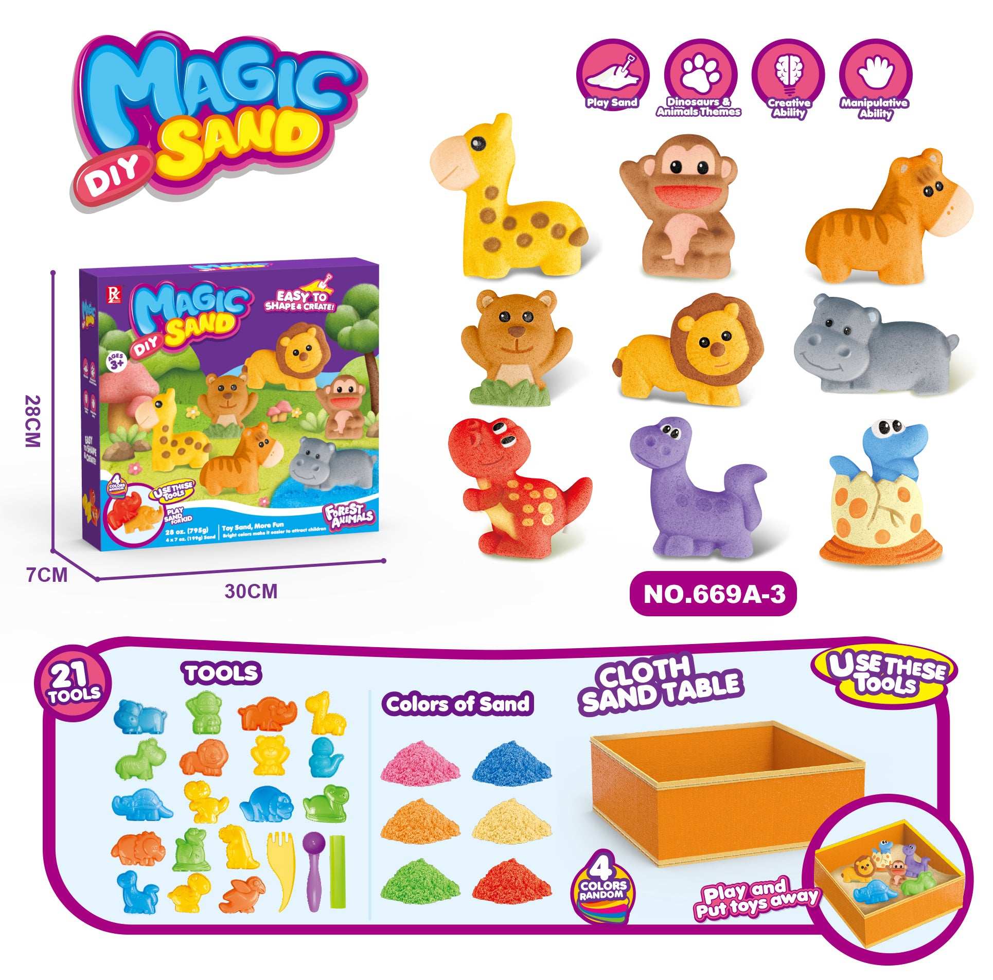 Close-up of colourful kinetic sand and animal molds