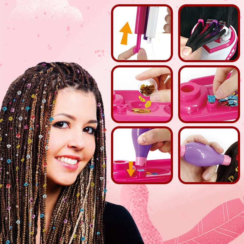 Electric hair braiding machine showing included bow hair clips accessories