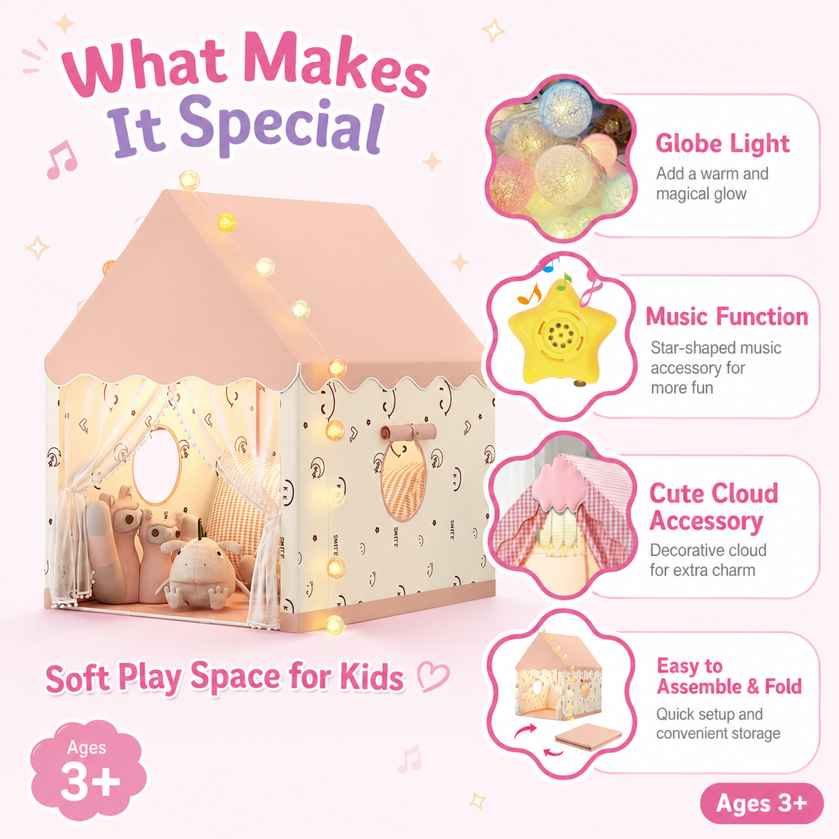 Princess Play Tent with Star Lights & Music – Indoor Playhouse for Kids
