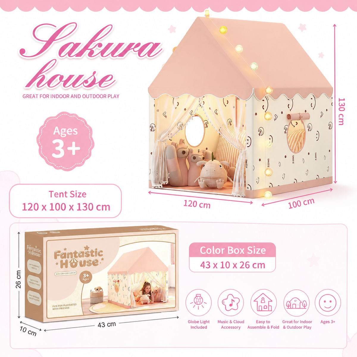 Princess Play Tent with Star Lights & Music – Indoor Playhouse for Kids
