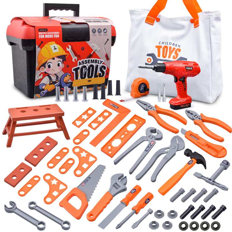 Close-up of toddler tool set showing electronic drill and ABS tools