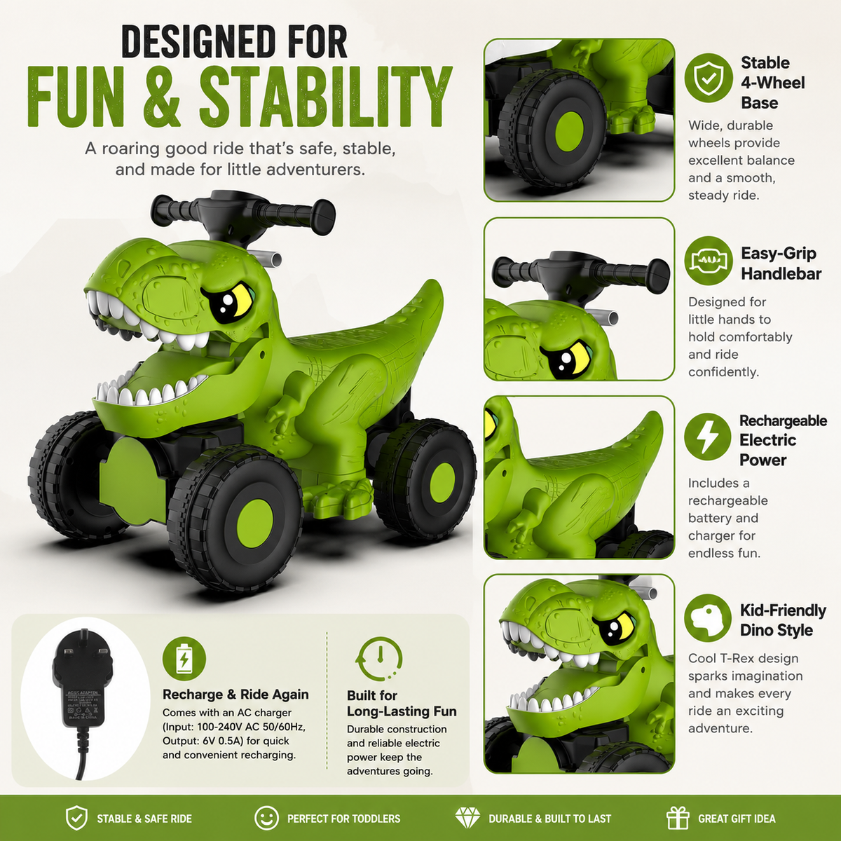 Dinosaur Ride-On Electric Toy Car with Music & Lights for Kids