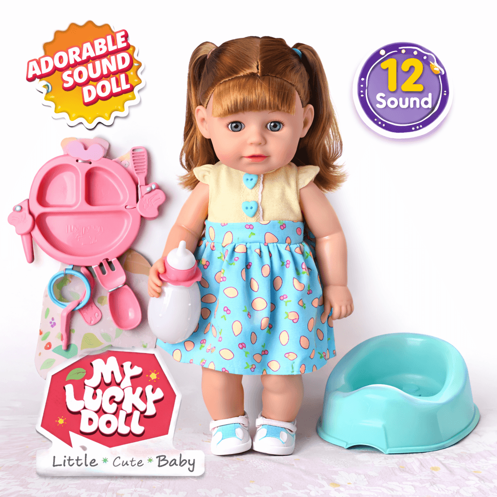 صورة لعبة Little لطيفة طفل Doll مع sound features و feeding accessories being played مع a young girl للرضع والأطفال الصغار