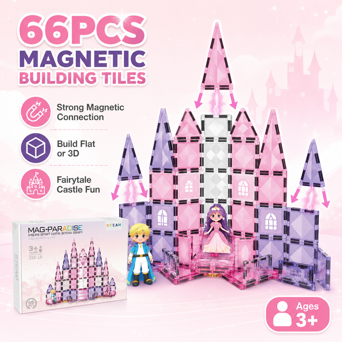 66-Piece Magnetic Tiles Princess Castle Building Blocks STEM Toy
